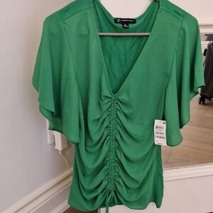 Green Ruched V-Neck Blouse